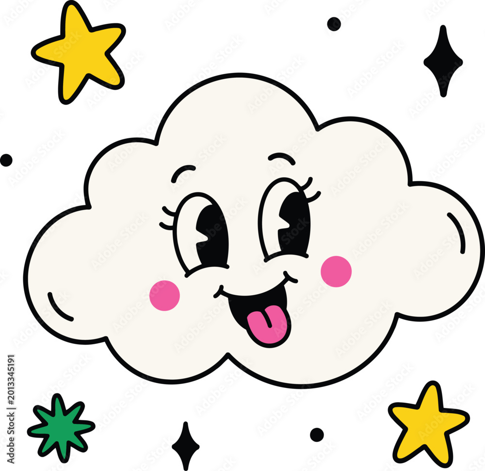 Fototapeta premium Cute cartoon cloud with smiling face and stars in the night sky for kids