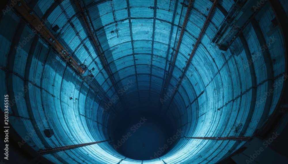 Fototapeta premium Deep concrete shaft with blue light. Industrial structure interior perspective looking down into darkness. Large scale engineering construction site abyss.