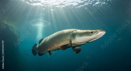 Arapaima, one of the world’s largest freshwater fish, captured in cinematic underwater environments with detailed armored scales, dramatic lighting, and realistic aquatic atmosphere.