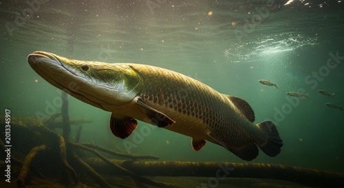 Arapaima, one of the world’s largest freshwater fish, captured in cinematic underwater environments with detailed armored scales, dramatic lighting, and realistic aquatic atmosphere.