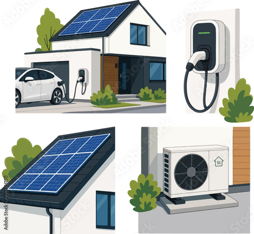 Modern Sustainable House Set with Solar Panels, Electric Vehicle Charging Station, and Heat Pump Illustration