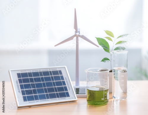 Renewable Energy Concept with Solar Panel Wind Turbine and Algae Biofuel.