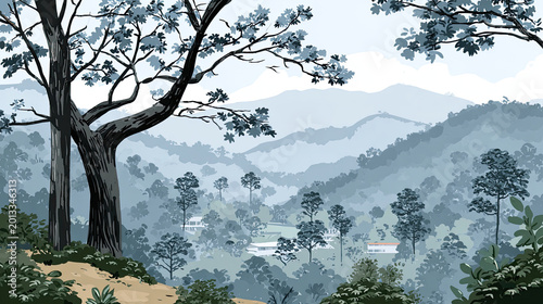 Serene Mountain Landscape Painting with Trees and Misty Hills.