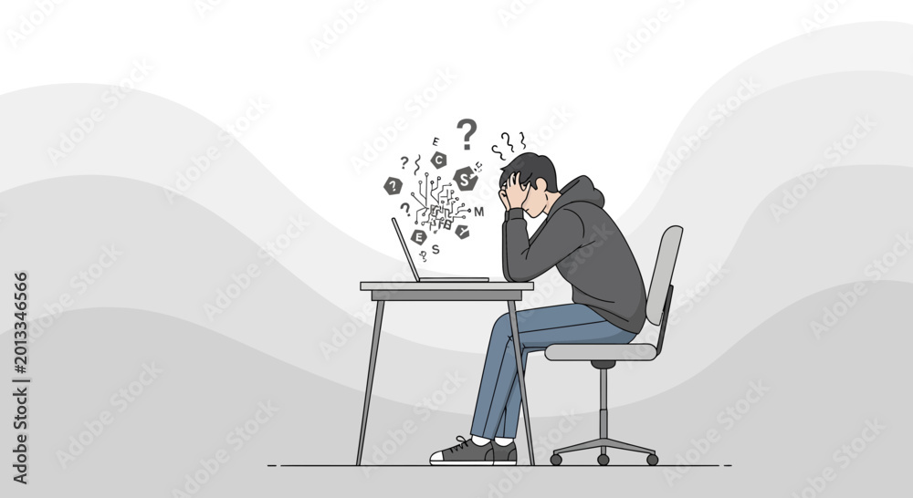 Fototapeta premium Overwhelmed person struggling with complex problems at computer, stress and confusion