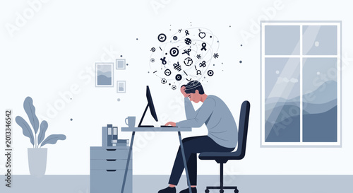 Overwhelmed man at desk with computer, brain overloaded with thoughts and symbols.