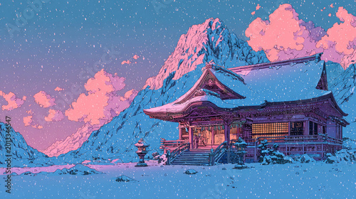 Serene Winter Landscape with Traditional Japanese House and Snowy Mountains.