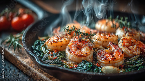 Sizzling Shrimp Scampi with Spinach and Tomatoes in Cast Iron Pan.