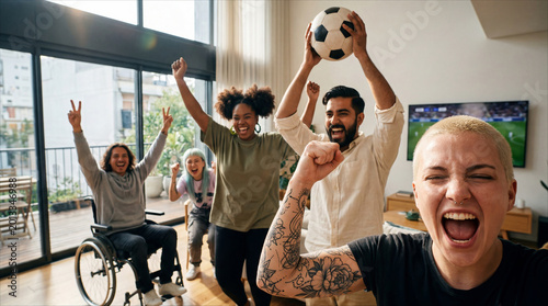 Diverse multiethnic friends erupting in euphoria at home, celebrating a soccer victory after watching the match on the TV in a modern sunlit living room