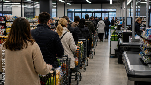 Queue of customers with shopping carts in modern supermarket. People buying groceries during busy shopping hours and high consumer demand.