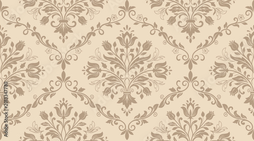 Elegant beige damask wallpaper pattern for interior decor and timeless design inspiration.
