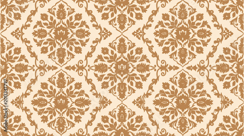 Ornate damask pattern wallpaper with beige and brown repeating motif and classic decorative elements.