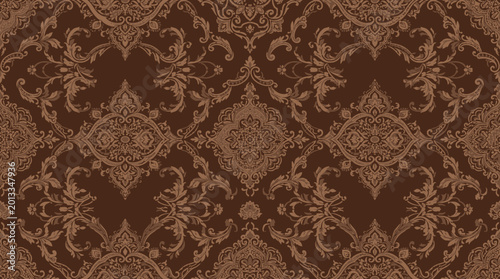 Elegant Damask Pattern in Warm Brown Tones for Wallpaper Design.