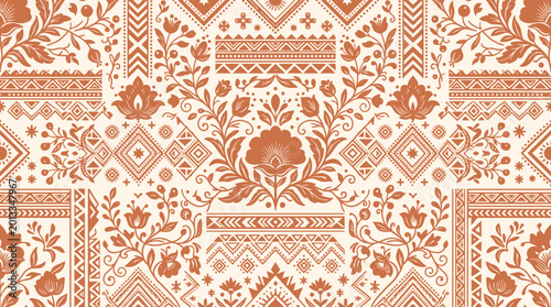 Foto Intricate Damask Floral Pattern on Vintage Textile and Wallpaper.