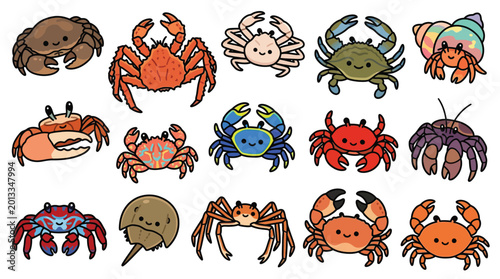 Schilderij op canvas A collection of cute and colorful cartoon crabs and hermit crabs with various expressions and poses, perfect for ocean-themed designs
