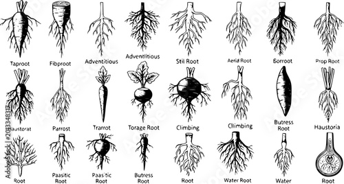 Photos Detailed Botanical Diagram Illustrating Various Types of Plant Roots and Their C
