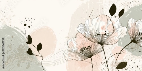Soft floral art features pastel hues, delicate line art, and abstract shapes, conveying calm