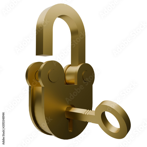 3d object yellow metal unlock and key illustration