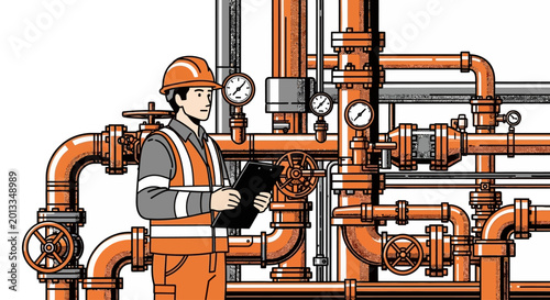 Industrial worker in orange uniform.