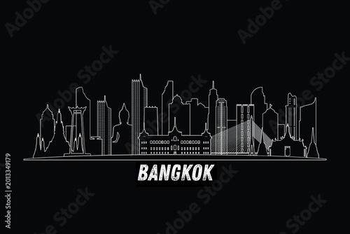 Billede på lærred Minimal Bangkok, Thailand skyline line art with iconic landmarks and modern architecture isolated on black background illustration