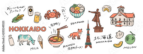 北海道、味噌ラーメン、時計台、観光スポット、名物グルメなどの旅行、観光の手書き文字と手描きベクターイラスト素材セット Set of handwritten Japanese text and hand-drawn vector illustrations for travel and tourism in Hokkaido, featuring miso ramen and more.