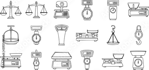 Fotografia Detailed collection of weighing scales and balances line art icons