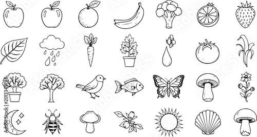 Doodle Nature and Food Icons Set: Hand-drawn outline illustrations of fruits, vegetables, plants, animals, weather, and celestial elements.