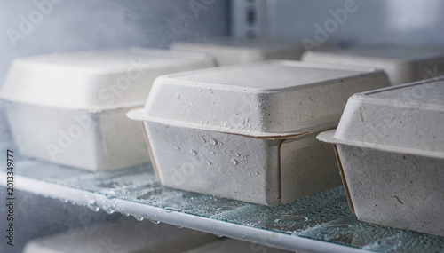 Medium shot of chilled food cartons made from compostable biobased barrier paperboard highlighting ecofriendly plantbased coatings for sustainable refrigeration packaging.