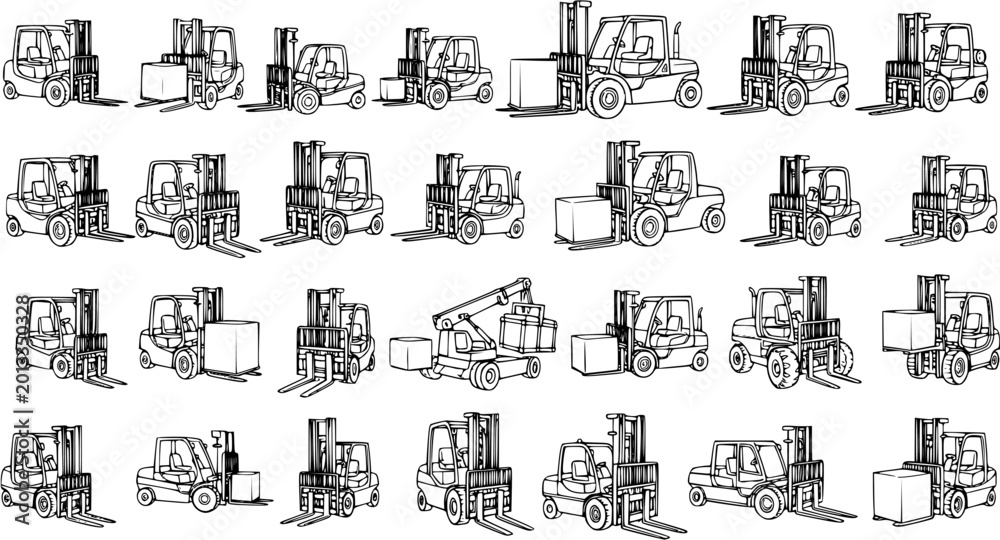 Obraz premium Collection of various hand-drawn line art illustrations of forklifts and industrial material handling vehicles, some carrying boxes, in a logistics and transportation theme.
