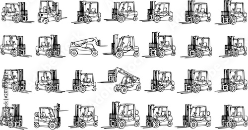 Cuadro en lienzo Collection of various industrial forklifts and telehandlers, including counterba
