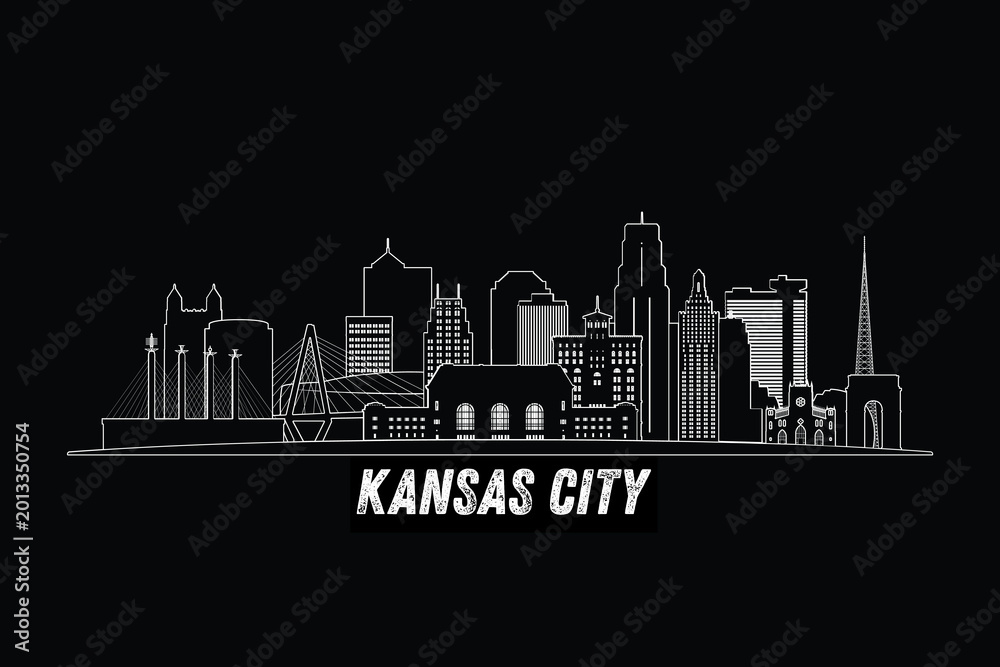 Obraz premium Minimal Kansas City, Missouri, USA skyline line art with iconic landmarks and modern architecture isolated on black background illustration.