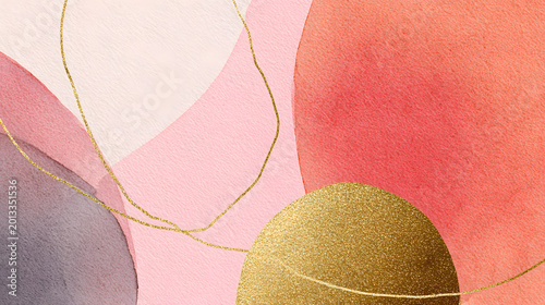 fondo abstracto de figuras geometricas pintadas en acuarela en colores y lineas doradas decorativas para plantilla o cuadro decorativo con diseño creativo