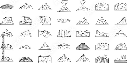 Konstfotografi Hand-drawn Doodle Landforms and Landscapes Collection - Mountains, Volcanoes, Hi