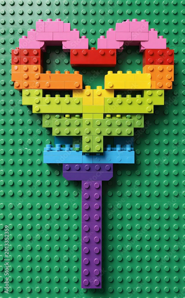 Fototapeta premium Rainbow LEGO heart on green baseplate colorful and playful.