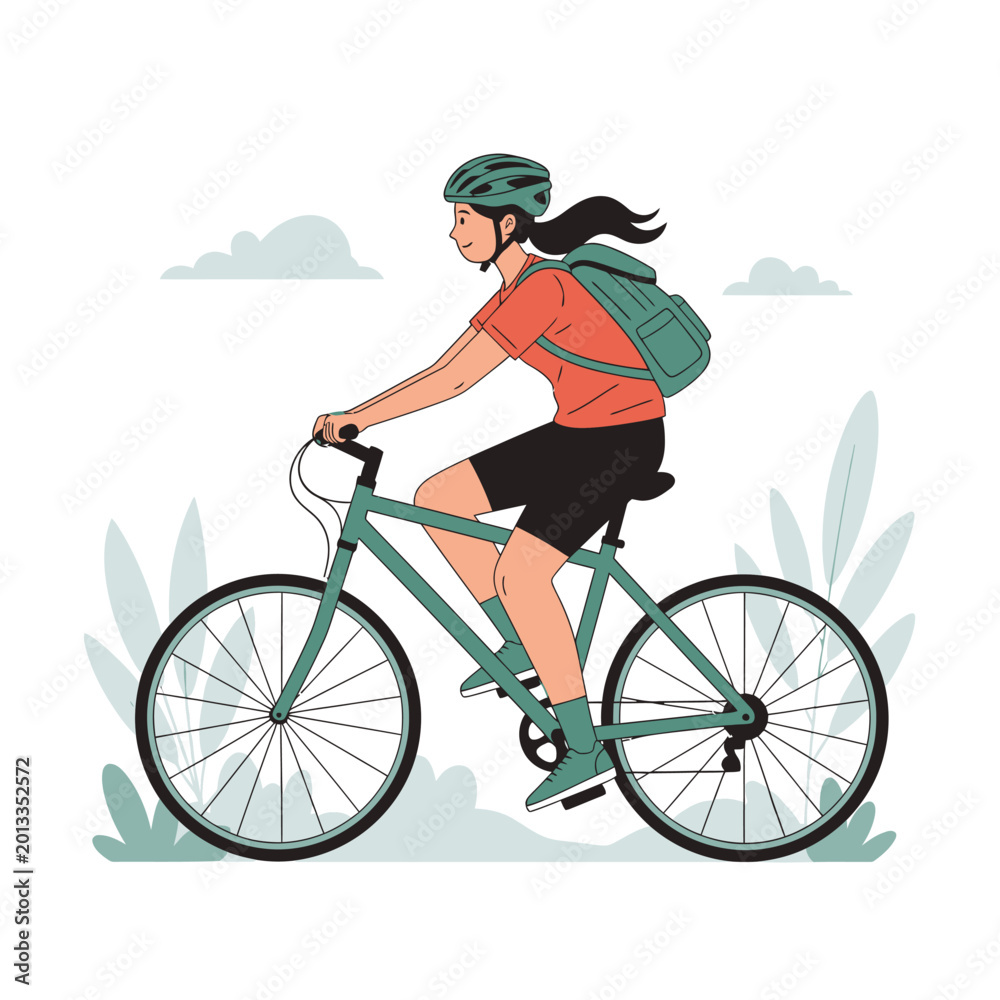 Naklejka premium Woman Rides Bicycle Outdoors on Sunny Day with Backpack.