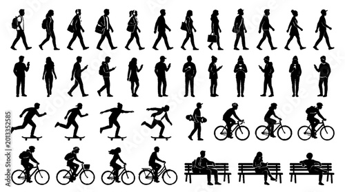 Black silhouettes of people walking running cycling and sitting on benches in a modern urban lifestyle vector collection