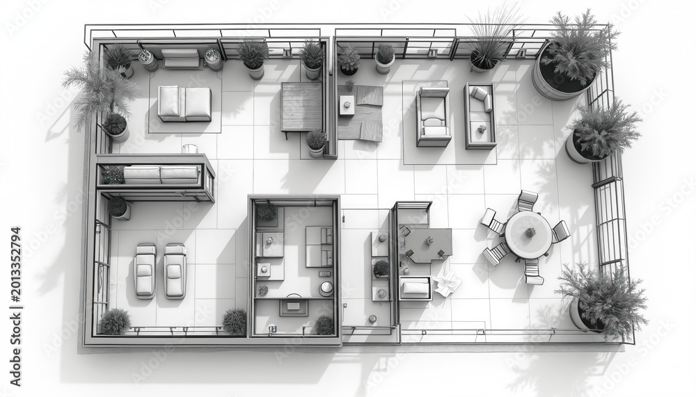 Naklejka premium Top view schematic of modern house floor plan with furniture, balconies, plants and garage space. Architects create residential building interior and exterior designs for luxury homes.