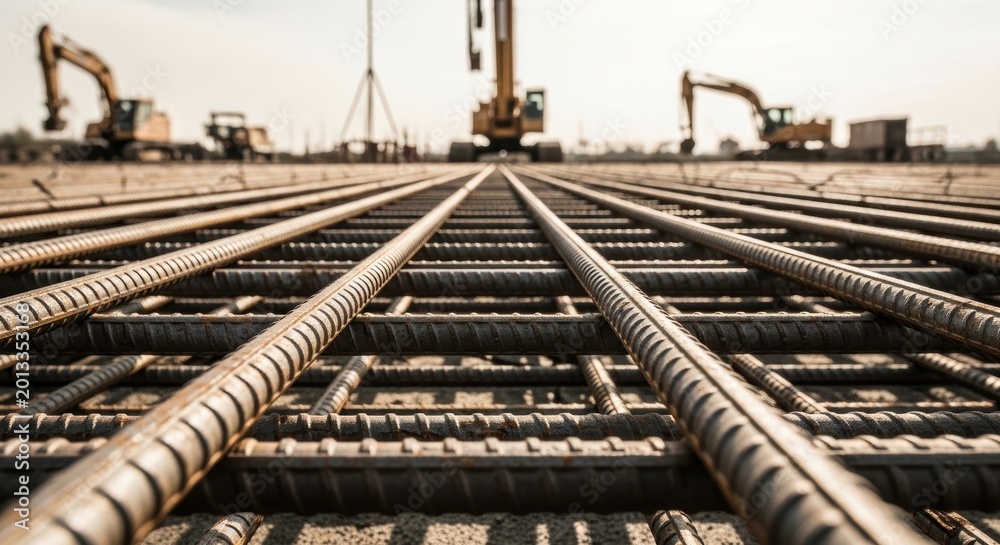 Fototapeta premium Rebar steel reinforcement laying for concrete foundation on construction site