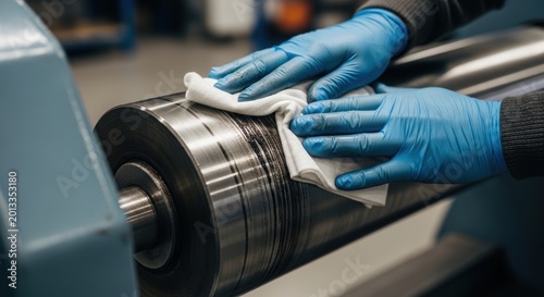 Gloved hands cleaning machine roller with cloth in industrial maintenance setting