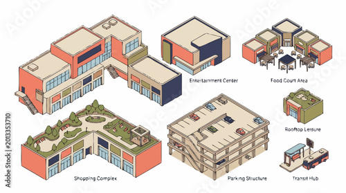 Foto 3D isometric illustration of various buildings and structures.