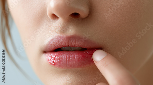 A close-up view of severely chapped lips showing rough skin texture, featuring a small, distinct fissure or split on the lower lip.