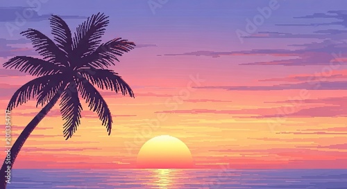 Summer day background with palm tree and sunset ocean view copy space