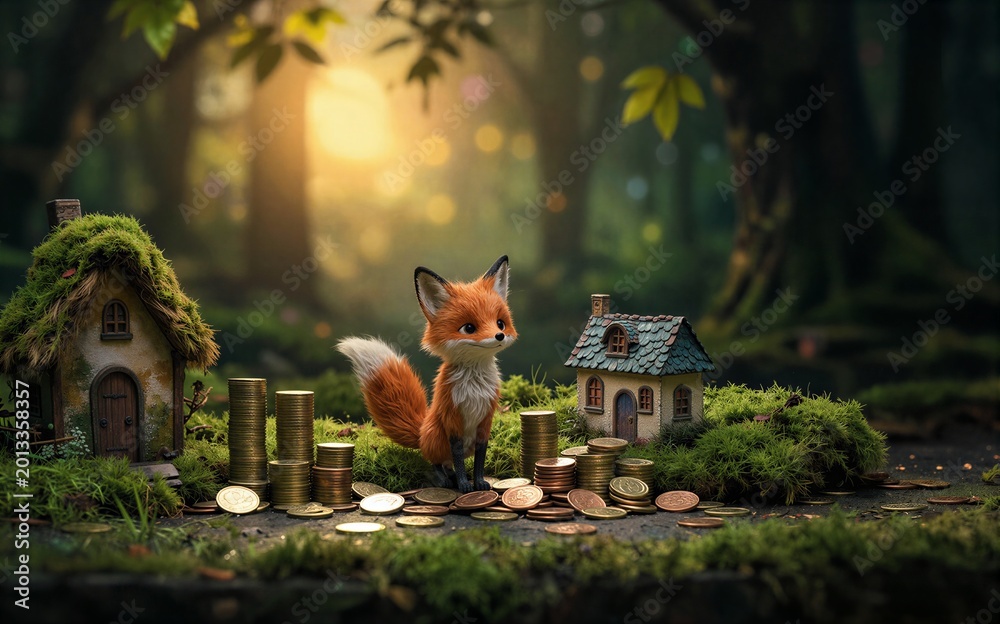 Obraz premium Fox stands between tiny houses and coins in a sunlit forest glade.