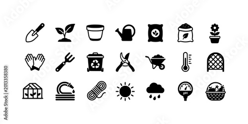 Canvastavla Icon set collection of gardening tools and horticulture supplies featuring watering cans, seedlings, wheelbarrows, greenhouses, and organic harvesting equipment