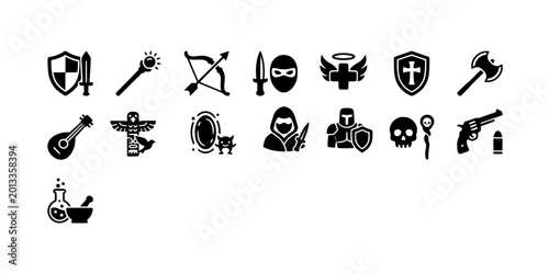 Schilderij op canvas Icon set collection of fantasy RPG character classes and equipment featuring warrior shields, mage staves, rogue masks, and divine healing symbols