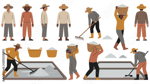 Schilderij op canvas Salt farm workers harvesting and processing salt, colorful vector illustration set of labor