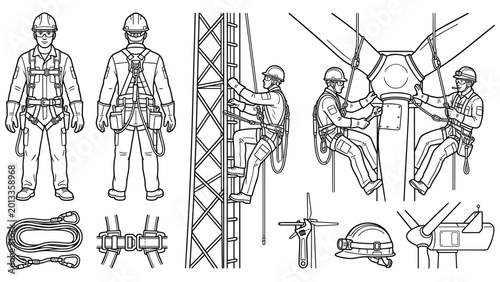 Fotografía High altitude worker with safety harness climbing communication tower and wind turbine