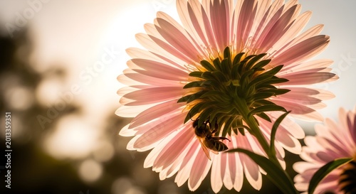 Honeybee pollinating pink aster flower viewed from behind, backlit by warm golden hour sunset light, macro nature photography