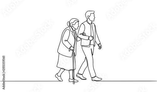 Bild auf Leinwand Minimal continuous line drawing of man guiding senior woman with walking cane ve
