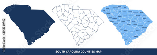 Fotografie South Carolina Counties Map - State Silhouette, County Outline and Labeled Map V