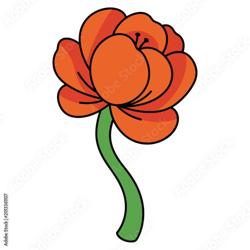 Vibrant orange flower illustration with a green stem and black outline
